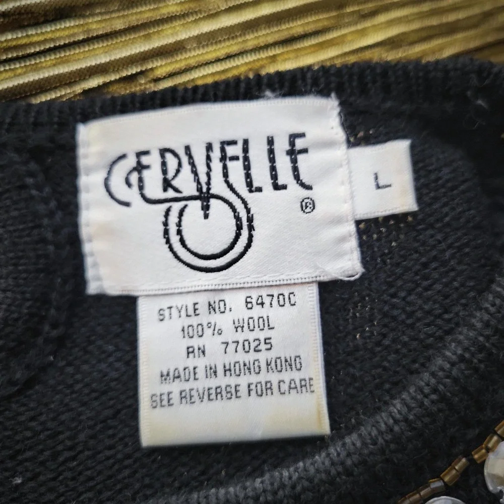 Cervelle Wool Sweater Vintage 80s Beaded Embellished Black Knit Top Large‎ 6470C